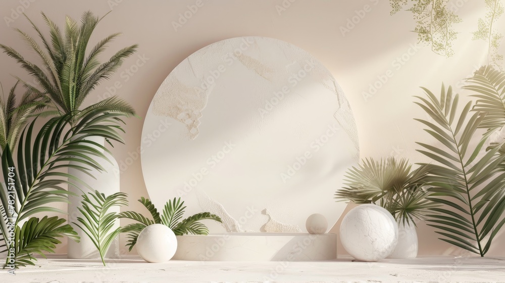 Poster background for cosmetic product displays with a natural beauty podium backdrop with geometric shape.