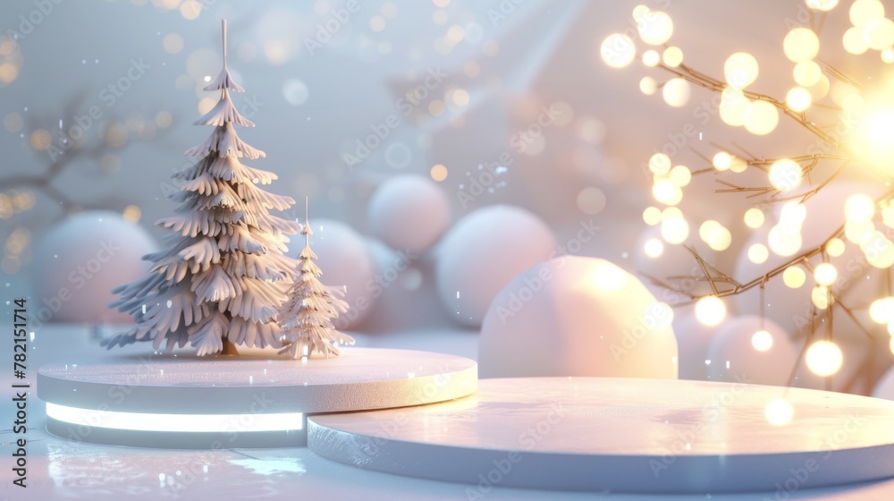 Poster Composition in 3D of an abstract winter Christmas scene with a Christmas tree and a stage for displaying products.