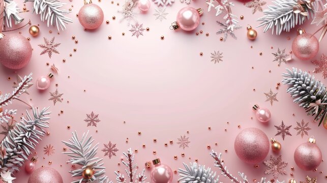 A Christmas 3D border frame with snowflakes and Christmas ball on a pink background. Christmas, winter, new year concept. Flat lay, top view, copy area.