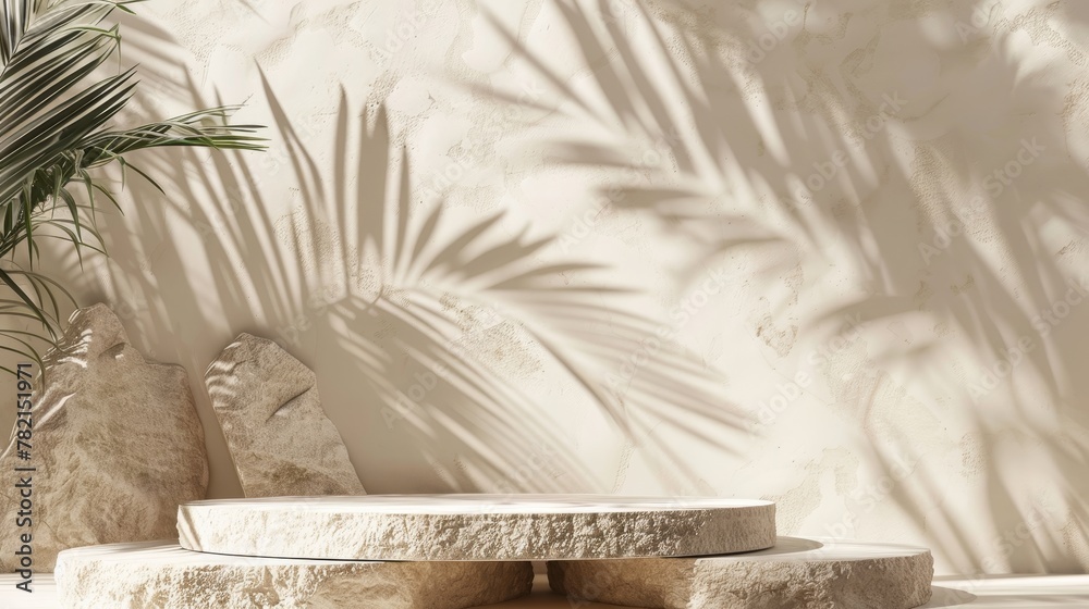 Poster backdrop for cosmetic product display. stone texture, tropical palm leaves shadow. 3d rendering.