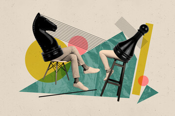 Photo image collage two sitting person legs headless people chess challenge tournament game players...