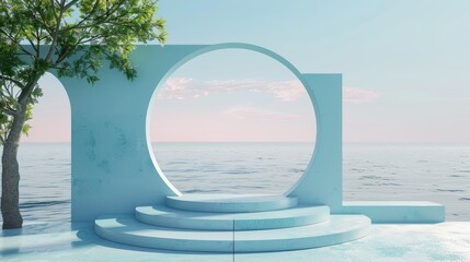 Geometric forms, arch and podium in natural daylight. Minimal landscape background. Summer scene. 3D render.