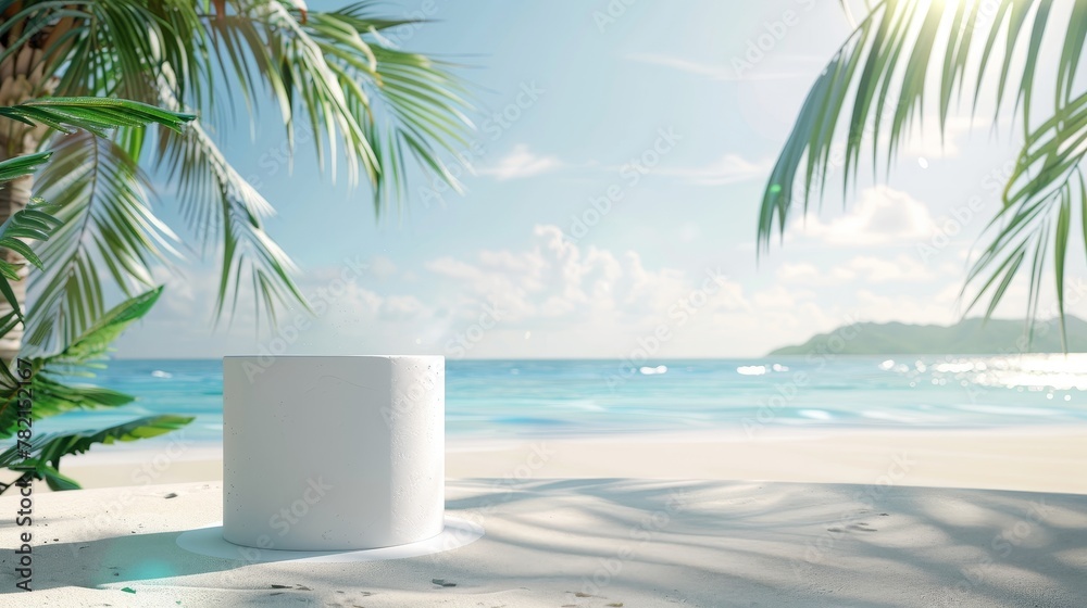 Aufkleber an image of a summer beach backdrop with a white cylinder box and palm tree for showcasing products.