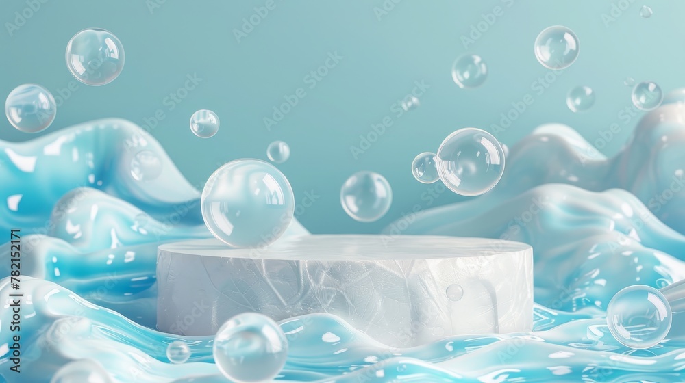 Poster Backdrop for cosmetic product presentation using natural beauty background with bubbles. Abstract 3D seascape scene background.