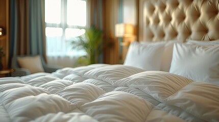 Beds adorned with plush comforters in a high-end hotel room setting - obrazy, fototapety, plakaty