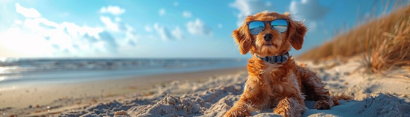 Dog in sunglasses, epitome of cool on a sunny beach day