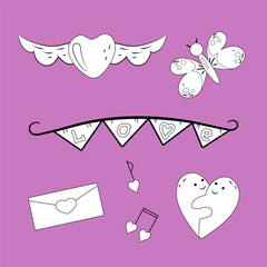 Love set. Cartoon illustrations with heart elements. Black and white on lilac background