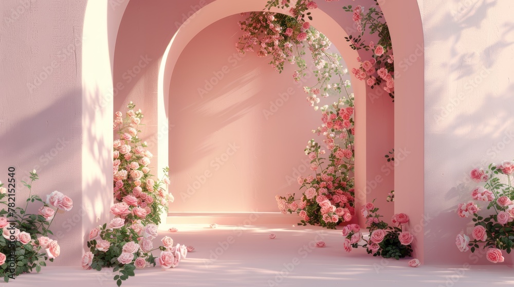 Poster the romantic scene depicts geometrical forms, an arch with a rose flower garden in natural daylight.