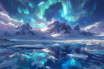 A mesmerizing display of the Northern Lights dancing across an icy landscape, with vibrant green and purple hues lighting up the night sky