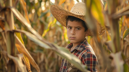 Garoto com chapéu na plantação de milho  - obrazy, fototapety, plakaty