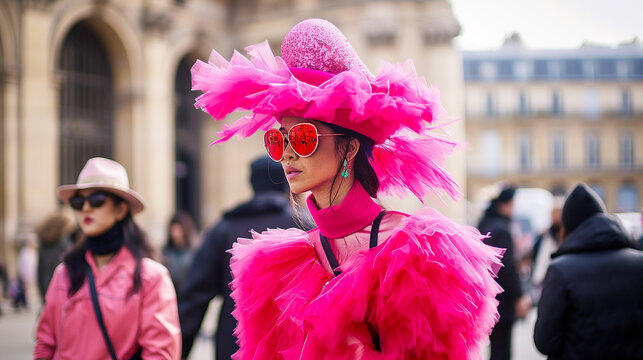 Mulher com roupa cor de rosa fashion na rua com o fundo desfocado