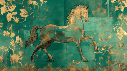 Parede de mármore verde com a imagem de um cavalo - Ilustração - obrazy, fototapety, plakaty