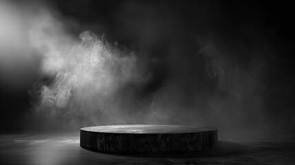 Black podium, black smoke, product platform background, abstract stage, surface, fog, spotlight, black floor podium