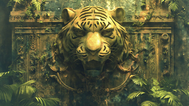 Parede de mármore verde com a imagem de um tigre - Ilustração