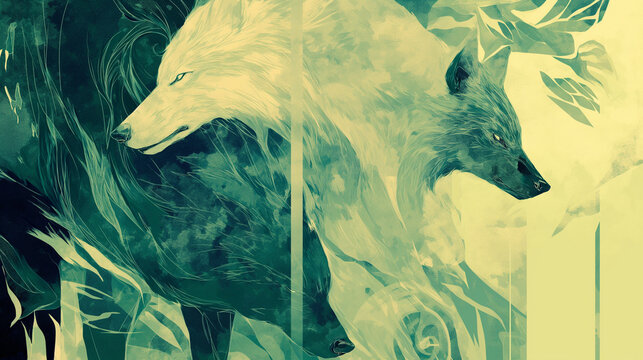 Parede de mármore verde com a imagem de um lobo - Ilustração