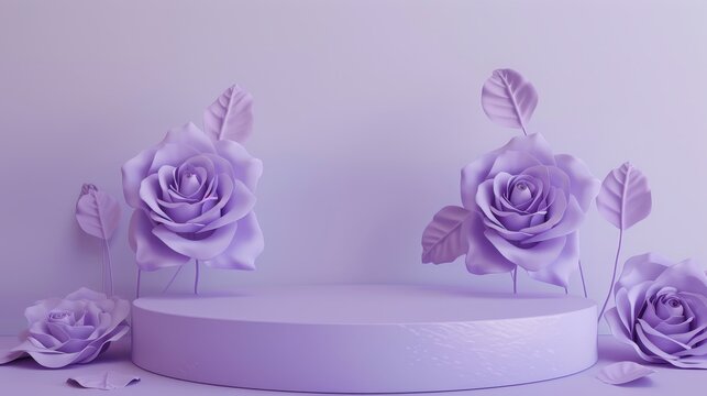 3D rendering of a natural beauty podium backdrop with a purple rose flower.