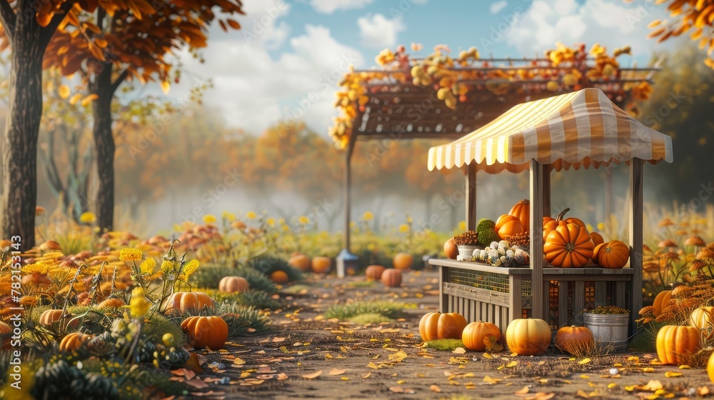 Aufkleber Background with pumpkins and a product stand in autumn. 3D rendering.