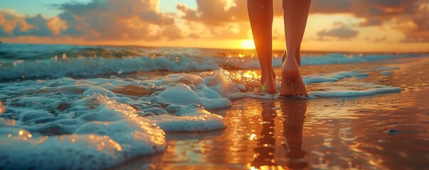 Woman in sandals on the beach, summer and freedom - obrazy, fototapety, plakaty
