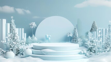 An abstract winter Christmas landscape scene with a product stand. This is a 3D rendering of the scene.