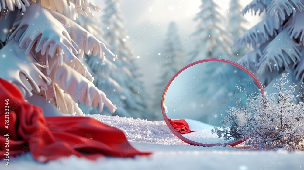 Poster Surreal winter Christmas scene with mirrors and floating cloths. 3D rendering.