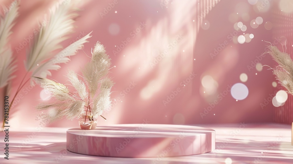Poster Background with bokeh effect and podium for displaying products. 3D rendering.
