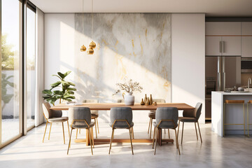 Modern studio kitchen design, dining area with marble top table and abstract art on the wall