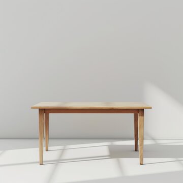 3D illustration of modern design wooden table in empty white room with sunlight.