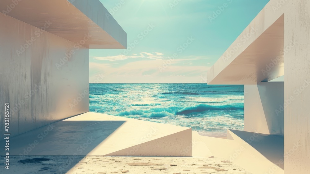 Aufkleber landscape scene with geometric form. ocean beach view. 3d rendering.