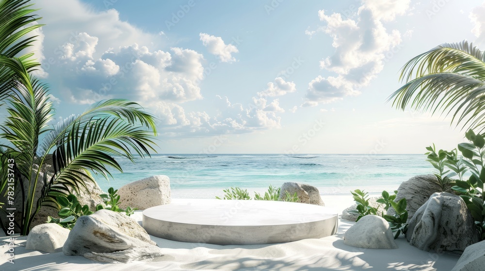 Sticker an image of a natural summer beach scene with a podium for displaying a product in 3d.