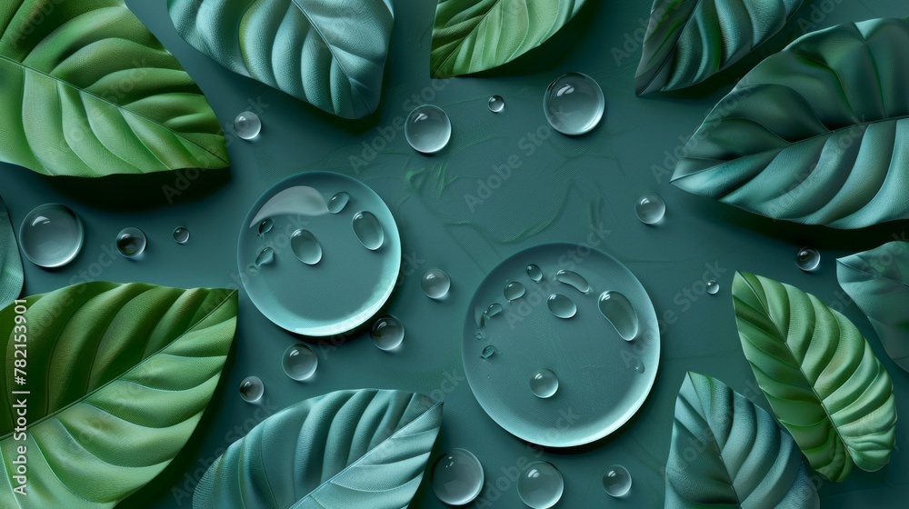 Poster top view of a natural beauty podium backdrop with water drops and a green leaf for displaying produc