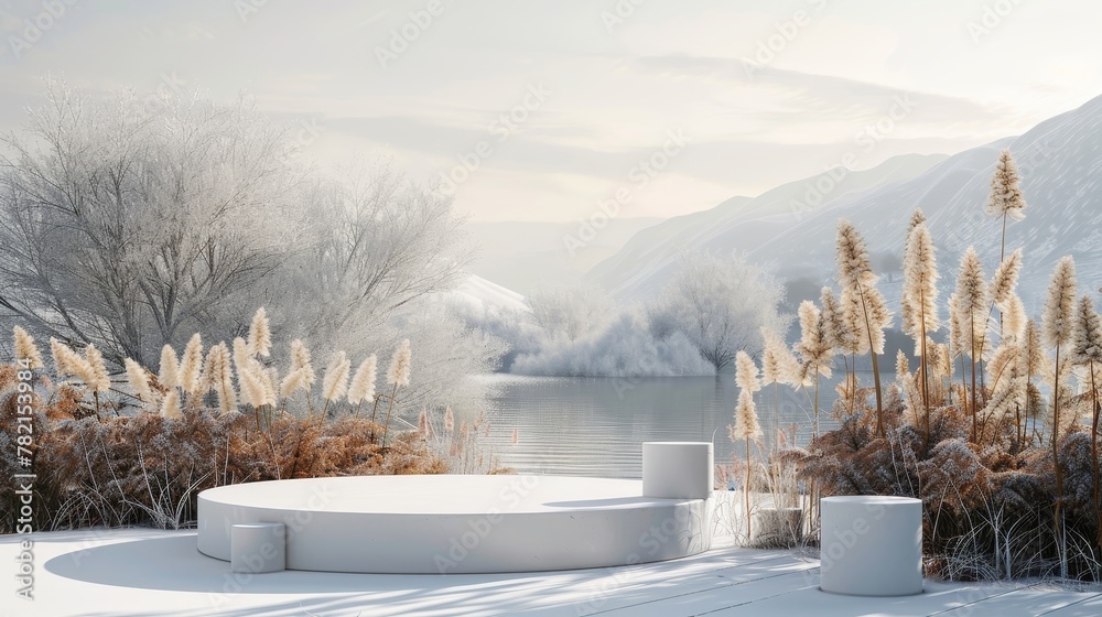 Aufkleber the backdrop represents a natural beauty podium with a grass field scene in winter. this is a 3d ren