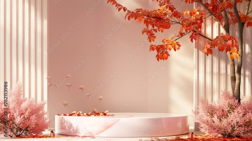 Poster An autumnal backdrop for a product display with a natural beauty podium backdrop. 3D rendering.