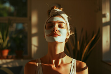 Giovane donna con maschera beauty sul viso attende che si asciughi meditando e rilassandosi - obrazy, fototapety, plakaty
