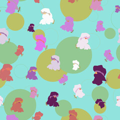 Colourful, bright, and vibrant repeat pattern of Snapdragon heads on polka dot background