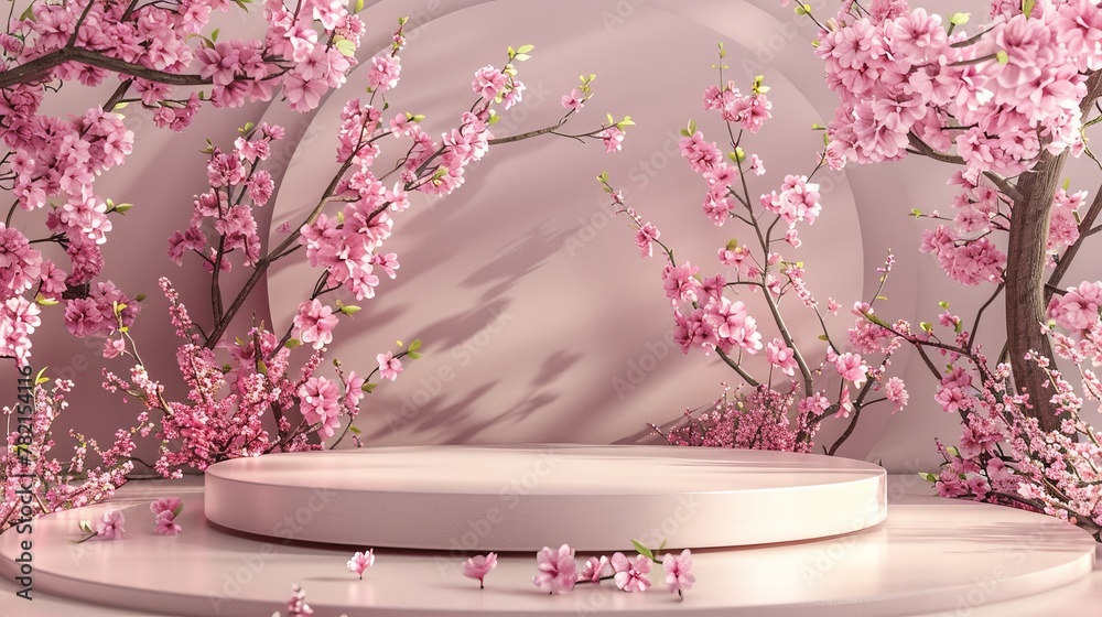 Aufkleber Spring sakura cherry blossom tree podium backdrop. 3D rendering.