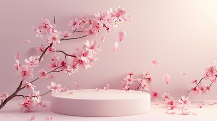 3D render of a natural beauty podium backdrop with cherry blossom trees in spring.