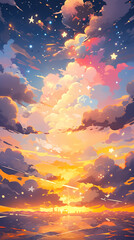 Hand drawn cartoon beautiful dusk clouds and starry sky illustration
