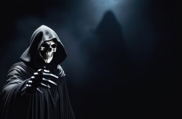 A grim reaper reaching for the camera on a dark, foggy background with space to copy