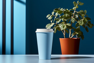 Turquoise Disposable Coffee Cup with Plant in Cafe