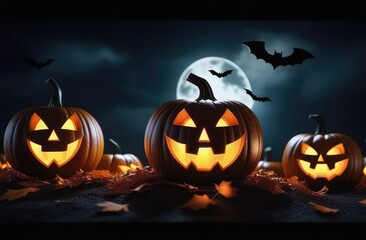 Halloween pumpkin background with autumn leaves on the porch of a wooden house