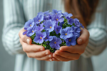 Bouquet of Spring violet flowers in woman hands on light background. Spring violet flowers.