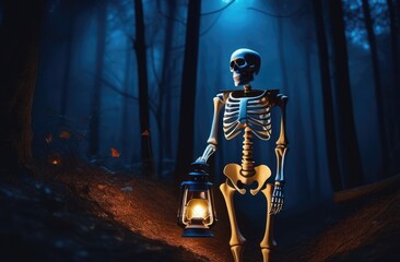 A skeleton character holding a lantern in a foggy forest, Halloween concept