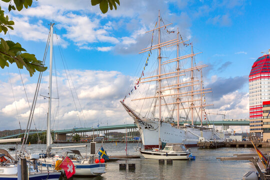 Gota alv river with Barken Viking, ships and boat in Gothenburg, Sweden.