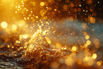 Golden Hour Water Splash with Sparkling Bokeh Background