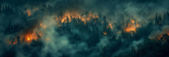 Wildfire Ravaging Through Misty Forest at Twilight