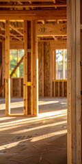 Fototapeta na wymiar Sunlit Wooden Framework of New Construction Home Interior
