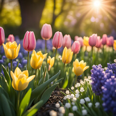 Fototapeta premium tulips-daffodils-and-hyacinths-burst-forth-in-a-lush-garden-