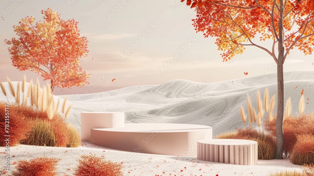 Aufkleber an abstract autumn landscape scene with a podium to display products.