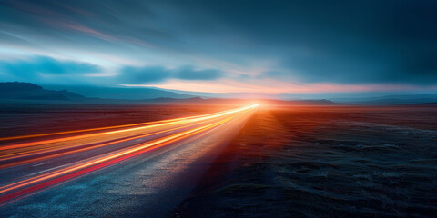Majestic Sunset Highway with Streaking Car Lights in Vast Landscape
