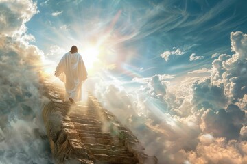 Divine Ascension Jesus Walking Up Stairs in the Heavenly Clouds - obrazy, fototapety, plakaty